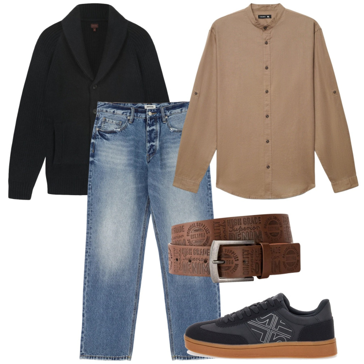 Outfit uomo - In jeans. Stile Casual per Tutti i giorni. Abbinamento con cinture, jeans, camicie, sneakers, cardigans.