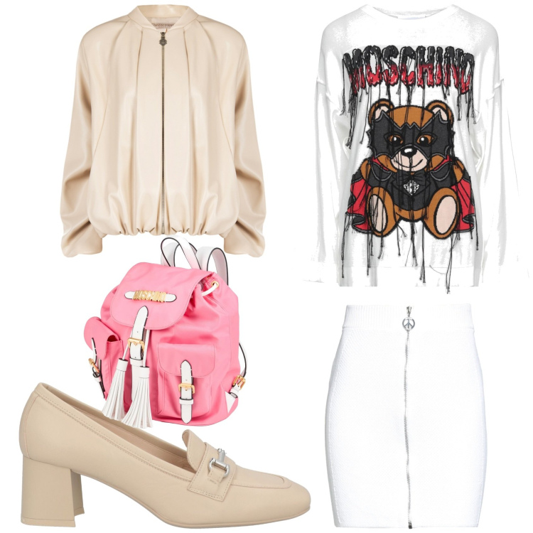 Outfit donna - Lo stile Moschino. Stile Glamour per Tutti i giorni. Abbinamento con pullovers, zaini, minigonne, mocassini, bomber.