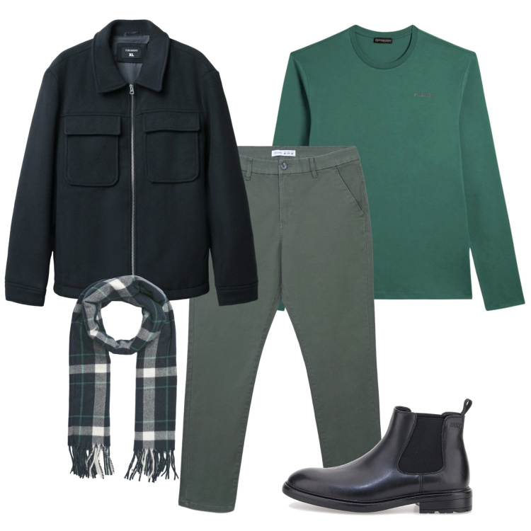 Outfit uomo - Green and blue. Stile Casual per Tutti i giorni. Abbinamento con pantaloni chino, cappotti, sciarpe, t-shirt, stivali e stivaletti.