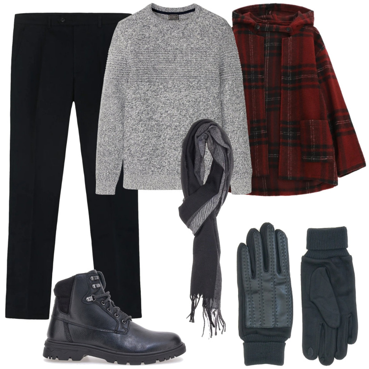 Outfit uomo - Serata informale. Stile Urban per Tutti i giorni. Abbinamento con maglieria, caban, sciarpe, guanti, scarpe stringate, pantaloni.