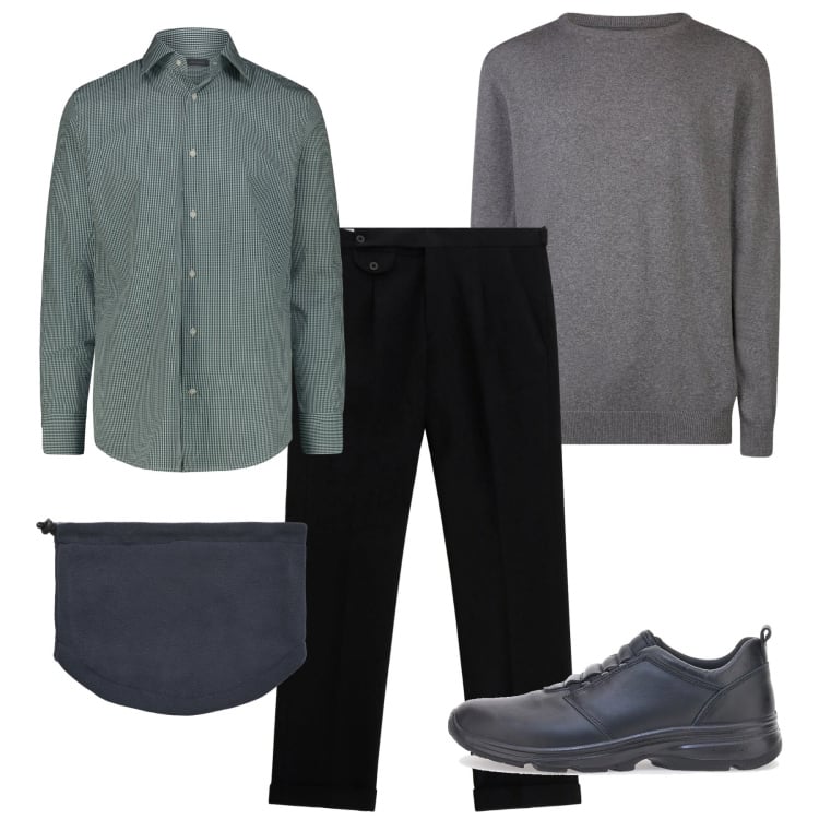Outfit uomo - Casual. Stile Casual per Tutti i giorni. Abbinamento con scaldacollo, pantaloni, camicie, scarpe stringate, maglieria.