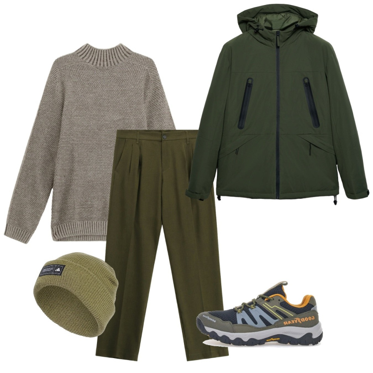 Outfit uomo - Green. Stile Casual per Tutti i giorni. Abbinamento con giacche, maglieria, pantaloni, stivali e stivaletti, berretti.