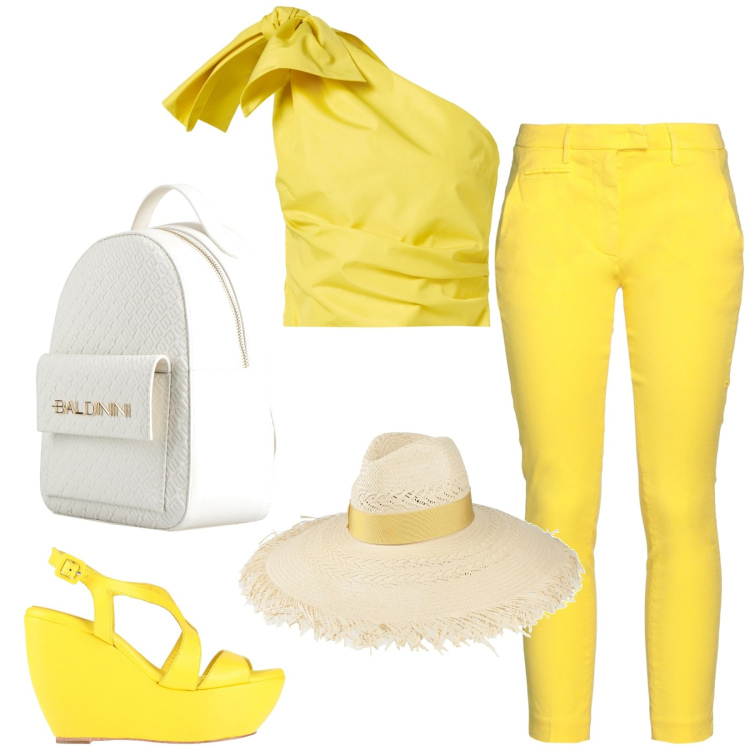 Outfit donna - Giallo estate. Stile Chic per Tutti i giorni. Abbinamento con zaini, cappelli, top, pantaloni, sandali.