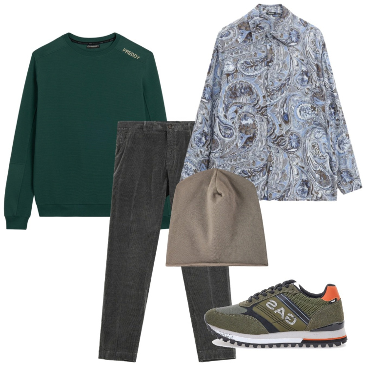 Outfit uomo - Paisley per la camicia. Stile Casual per Tutti i giorni. Abbinamento con berretti, pantaloni chino, camicie, felpe, sneakers.