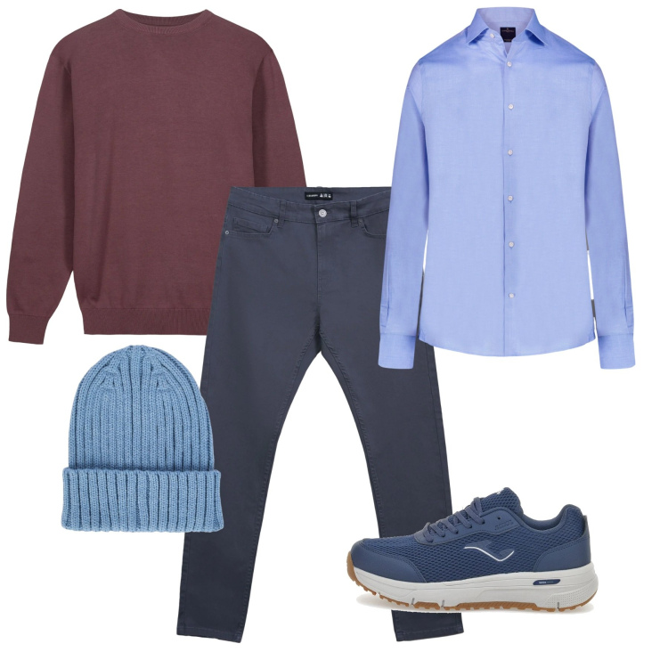Outfit uomo - Pomeriggio casual. Stile Casual per Tutti i giorni. Abbinamento con pantaloni skinny, camicie, berretti, maglieria, sneakers.