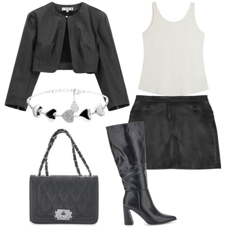 Outfit donna - Total look #2336209. Stile Glamour per Serata fuori. Abbinamento con blazer, top, braccialetti, borse a tracolla, minigonne, stivali.