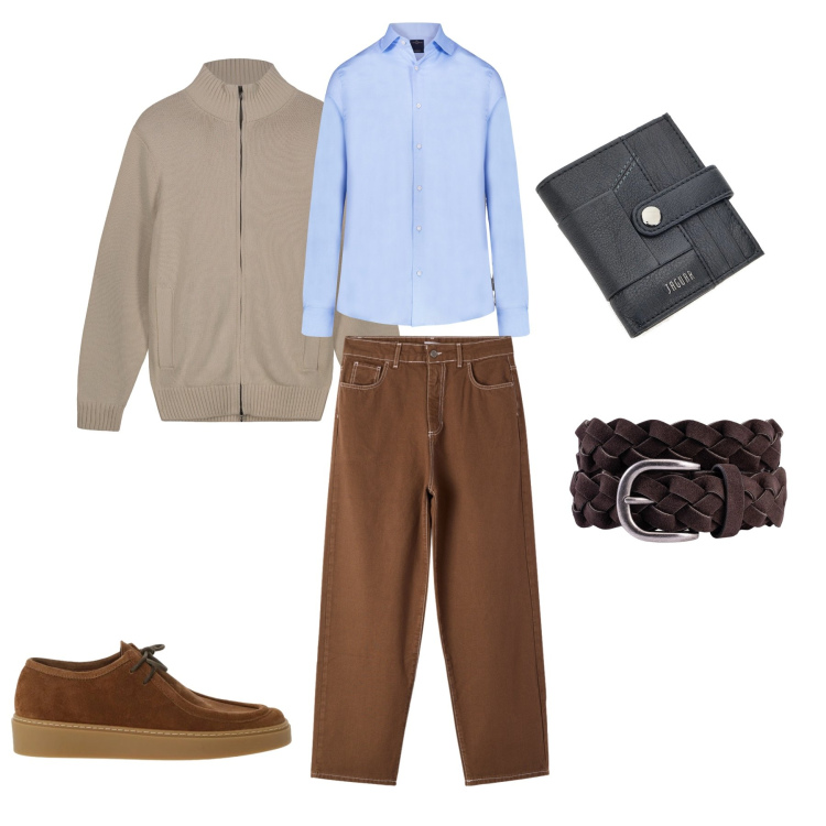 Outfit uomo - Azure Breeze & Earthy Tones. Stile Urban per Tutti i giorni. Abbinamento con scarpe stringate, pantaloni, camicie, portafogli, cardigans, cinture.
