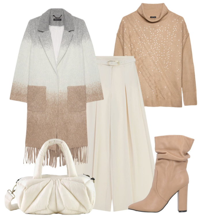 Outfit donna - Tessuti morbidi, toni delicati. Stile Casual chic per Tutti i giorni. Abbinamento con stivaletti, pantaloni a palazzo, borse a mano, cappotti, maglieria.