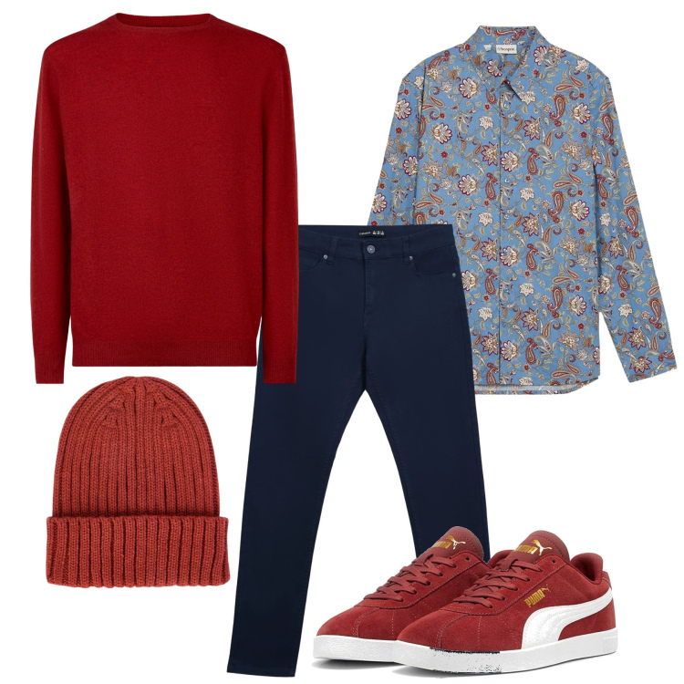 Outfit uomo - Un po\' di rosso. Stile Casual per Tutti i giorni. Abbinamento con camicie, pantaloni skinny, berretti, sneakers, maglieria.