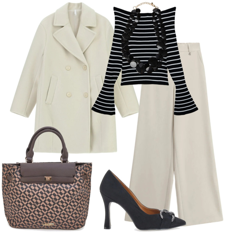 Outfit donna - Bianco in inverno. Stile Casual chic per Tutti i giorni. Abbinamento con cappotti, pantaloni a palazzo, maglieria, borse a mano, décolleté, collane.