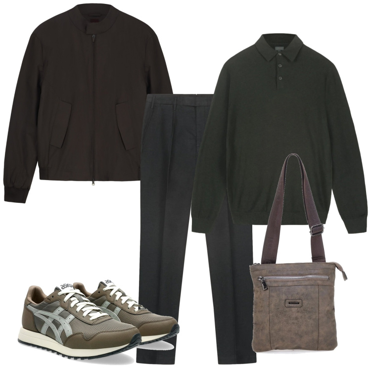 Outfit uomo - Toni di nero. Stile Urban per Tutti i giorni. Abbinamento con sneakers, portafogli, bomber, pantaloni, maglieria.