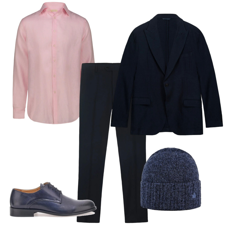 Outfit uomo - La camicia rosa. Stile Casual per Serata speciale. Abbinamento con cappelli, scarpe stringate, camicie, giacche, pantaloni.