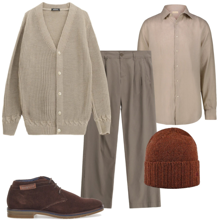 Outfit uomo - British Sand. Stile Casual per Tutti i giorni. Abbinamento con cardigans, pantaloni, cappelli, scarpe stringate, camicie.