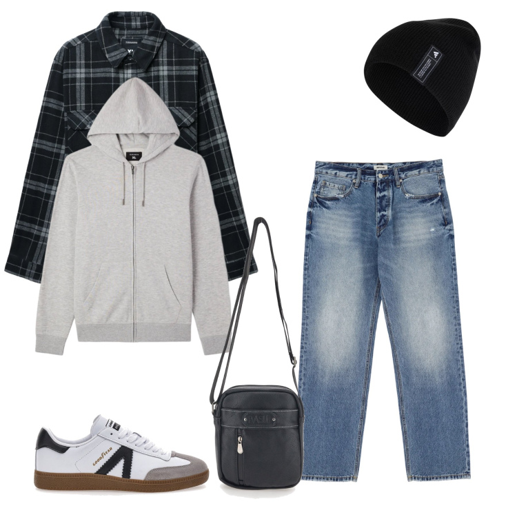 Outfit uomo - Urban Grunge & Denim Layers. Stile Urban per Tutti i giorni. Abbinamento con jeans, cappotti, felpe con cappuccio, portafogli, sneakers, berretti.