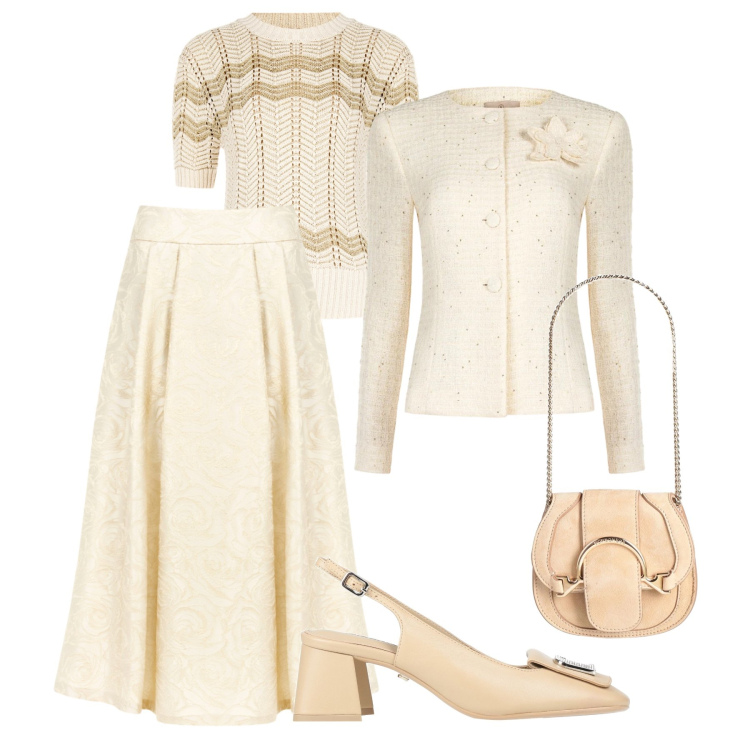 Outfit donna - Mood romantico. Stile Romantica per Serata fuori. Abbinamento con marsupi, décolleté, gonne longuette, blazer, t-shirt.