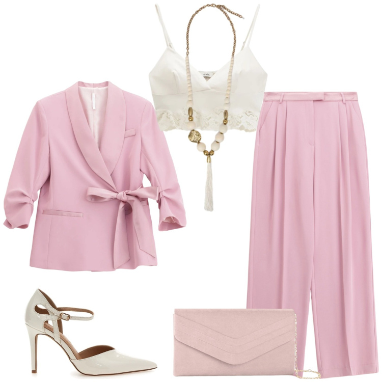 Outfit donna - Total look #2336236. Stile Romantica per Cerimonia. Abbinamento con pochette, blazer, pantaloni, top, ciondoli, décolleté.
