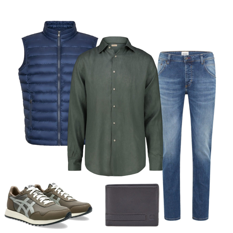 Outfit uomo - Navy Horizon & Forest Green. Stile Urban per Tutti i giorni. Abbinamento con jeans dritti, piumini, portafogli, camicie, sneakers.