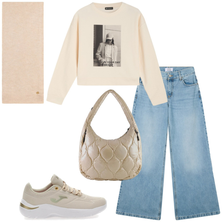 Outfit donna - Total look #2336248. Stile Casual per Tutti i giorni. Abbinamento con jeans, sciarpe, felpe, borse tote, sneakers.