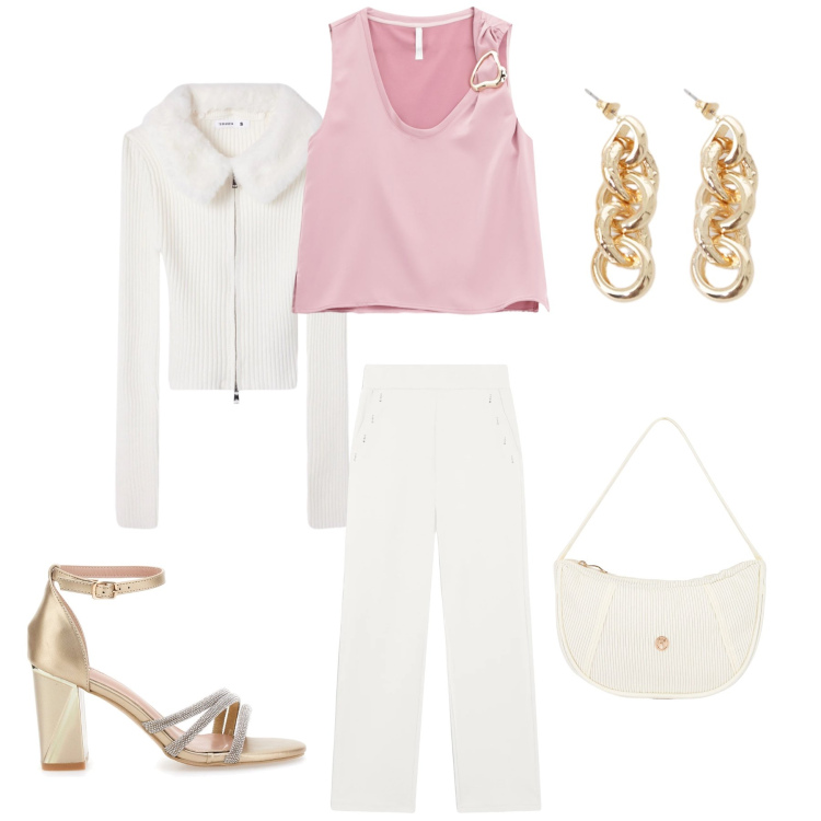 Outfit donna - Pink Glamour & Soft White. Stile Romantica per Serata fuori. Abbinamento con tuta corta, orecchini, cardigans, pantaloni, borse a mano, sandali col tacco.