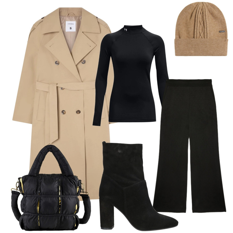 Outfit donna - Total look #2336262. Stile Chic per Ufficio. Abbinamento con stivaletti, trench, berretti, borse a mano, pullovers, pantaloni.