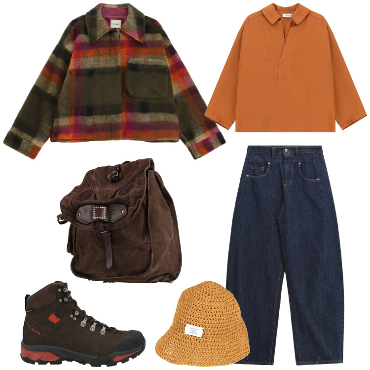 Outfit donna - Total look #2336263. Stile Trendy per Tutti i giorni. Abbinamento con zaini, stivaletti, cappelli con visiera, camicie, cappotti, jeans.