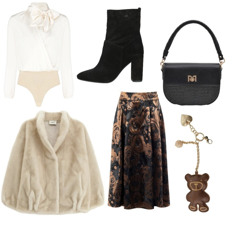 Outfit donna - Total look #2336266. Stile Chic per Serata fuori. Abbinamento con stivaletti, blazer, portachiavi, bluse, gonne longuette, borse a spalla.