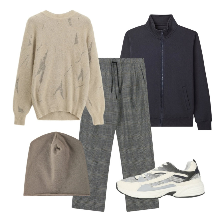 Outfit uomo - Weekend di febbraio. Stile Casual per Tutti i giorni. Abbinamento con giacche, sneakers, berretti, pantaloni, maglieria.