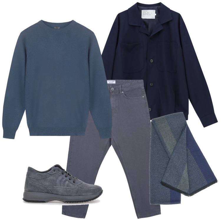 Outfit uomo - Tonalità fredde. Stile Casual per Tutti i giorni. Abbinamento con cappotti, jeans, sneakers, sciarpe, maglieria.