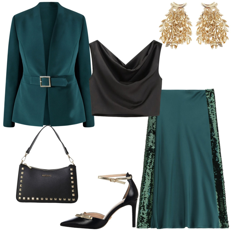 Outfit donna - Total look #2336273. Stile Glamour per Cerimonia. Abbinamento con top, pochette, orecchini, décolleté, blazer, gonne lunghe.