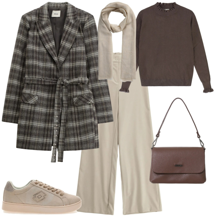 Outfit donna - Trendy in ufficio. Stile Trendy per Ufficio. Abbinamento con borse a tracolla, maglieria, blazer, pantaloni a palazzo, sciarpe, sneakers.
