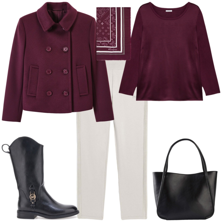 Outfit donna - Trendy in ufficio. Stile Trendy per Ufficio. Abbinamento con shopping bag, caban, pantaloni, stivaletti, bluse, foulard.