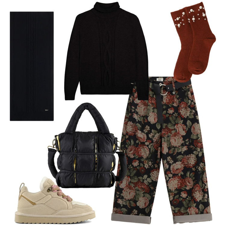 Outfit donna - Total look #2336277. Stile Chic per Tutti i giorni. Abbinamento con pantaloni a palazzo, calzini, sciarpe, maglieria, borse a mano, sneakers alte.