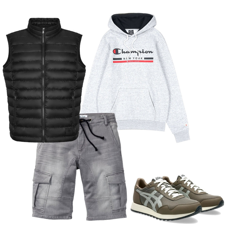 Outfit uomo - Con leggerezza. Stile Urban per Tutti i giorni. Abbinamento con bermuda, piumini, felpe con cappuccio, sneakers.