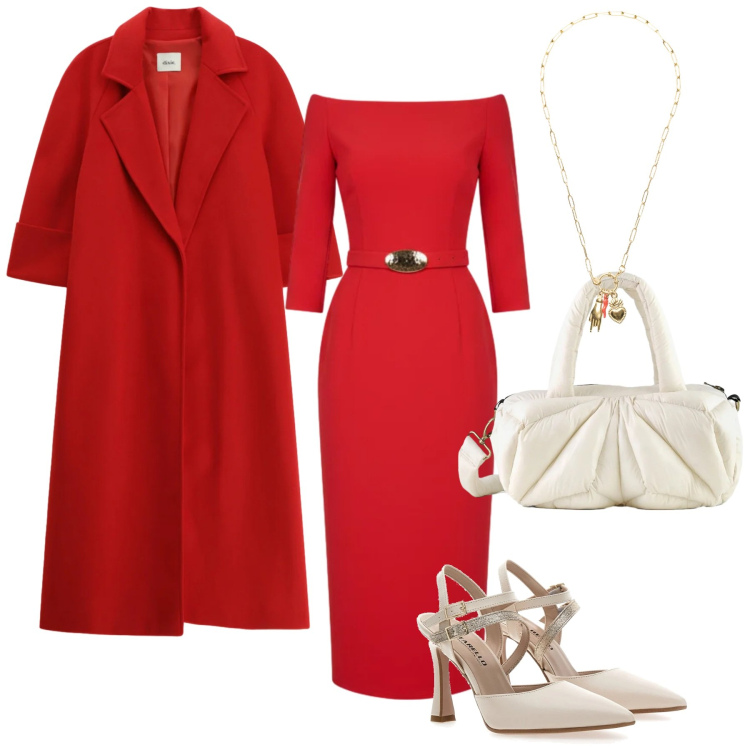Outfit donna - Rossocuore a febbraio. Stile Chic per Serata fuori. Abbinamento con cappotti, vestiti midi/longuette, ciondoli, borse a mano, décolleté.