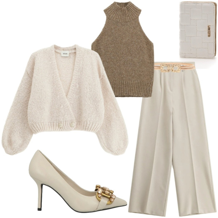 Outfit donna - Décolleté mania. Stile Casual chic per Serata fuori. Abbinamento con décolleté, top, pantaloni, cardigans, cinture, portafogli.