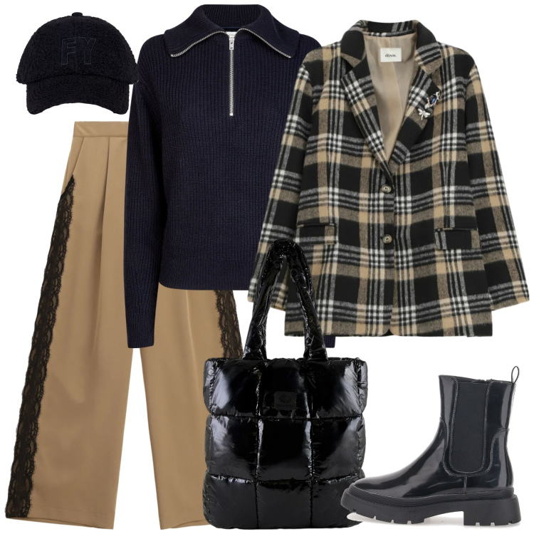 Outfit donna - Marrone e nero. Stile Casual per Scuola/Università. Abbinamento con pantaloni a palazzo, blazer, cappelli con visiera, shopping bag, anfibi, polo.