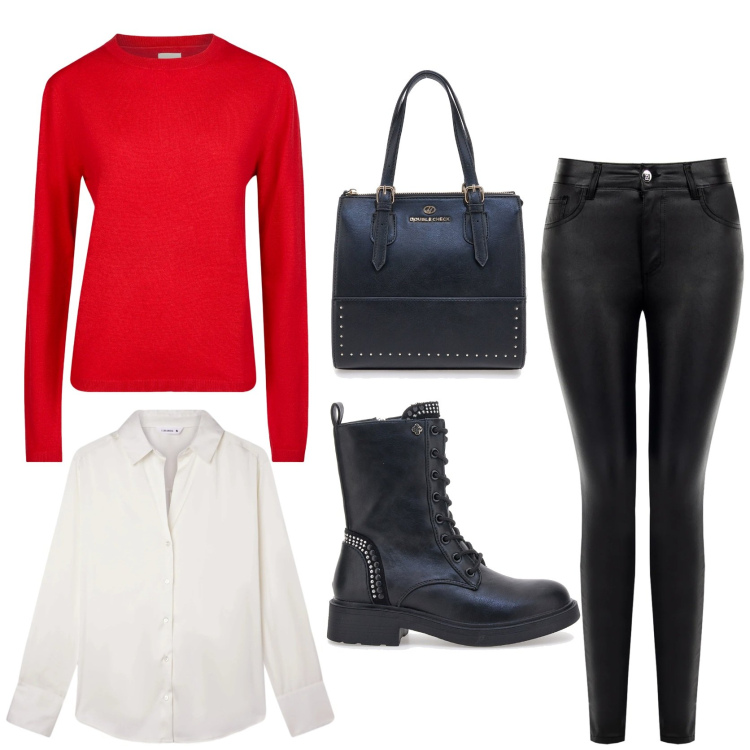 Outfit donna - Winter fashion style. Stile Urban per Tutti i giorni. Abbinamento con camicie, pantaloni skinny, maglieria, borse a mano, anfibi.