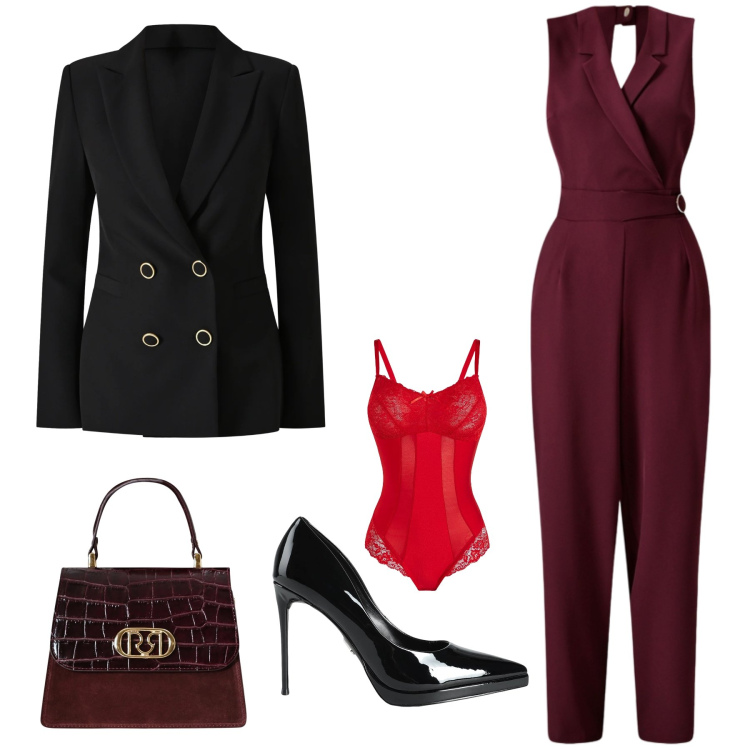 Outfit donna - Midnight Romance. Stile Chic per Serata fuori. Abbinamento con tute, borse a mano, blazer, décolleté, body.