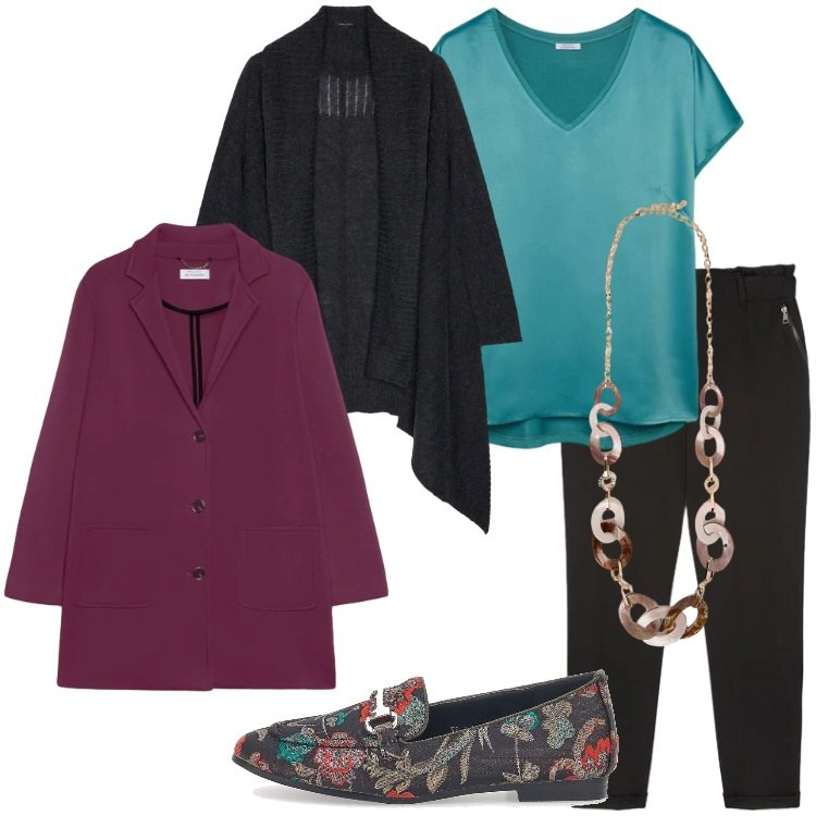Outfit donna - Tessuti morbidi che valorizzano Curvy. Stile Casual chic per Ufficio. Abbinamento con mocassini, bluse, cappotti, cardigans, pantaloni, collane.