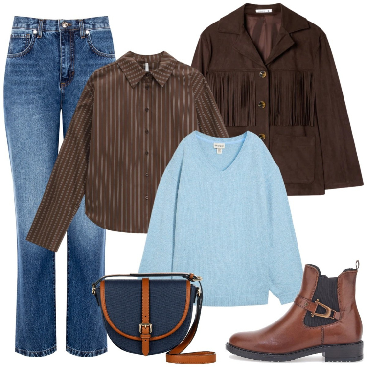 Outfit donna - Di giorno. Stile Casual per Tutti i giorni. Abbinamento con maglieria, camicie, cappotti, borse a tracolla, jeans boyfriend, stivaletti.