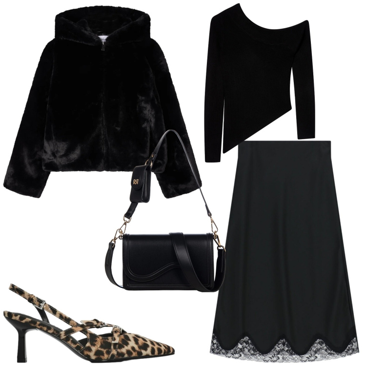 Outfit donna - Serata. Stile Minimal per Serata fuori. Abbinamento con gonne lunghe, maglieria, ecopellicce, décolleté, pochette.