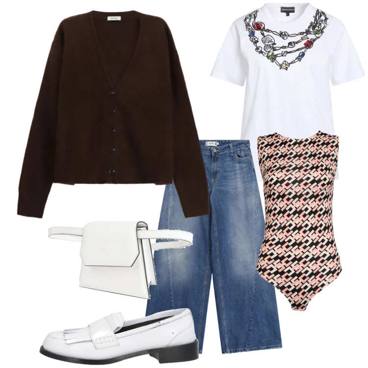 Outfit donna - Esco subito. Stile Casual chic per Tutti i giorni. Abbinamento con marsupi, t-shirt, mocassini, body, cardigans, jeans.