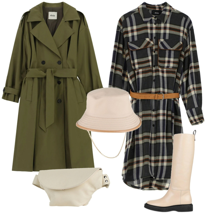 Outfit donna - Con la pioggia. Stile Trendy per Tutti i giorni. Abbinamento con stivali, marsupi, cappelli, vestiti midi/longuette, trench.