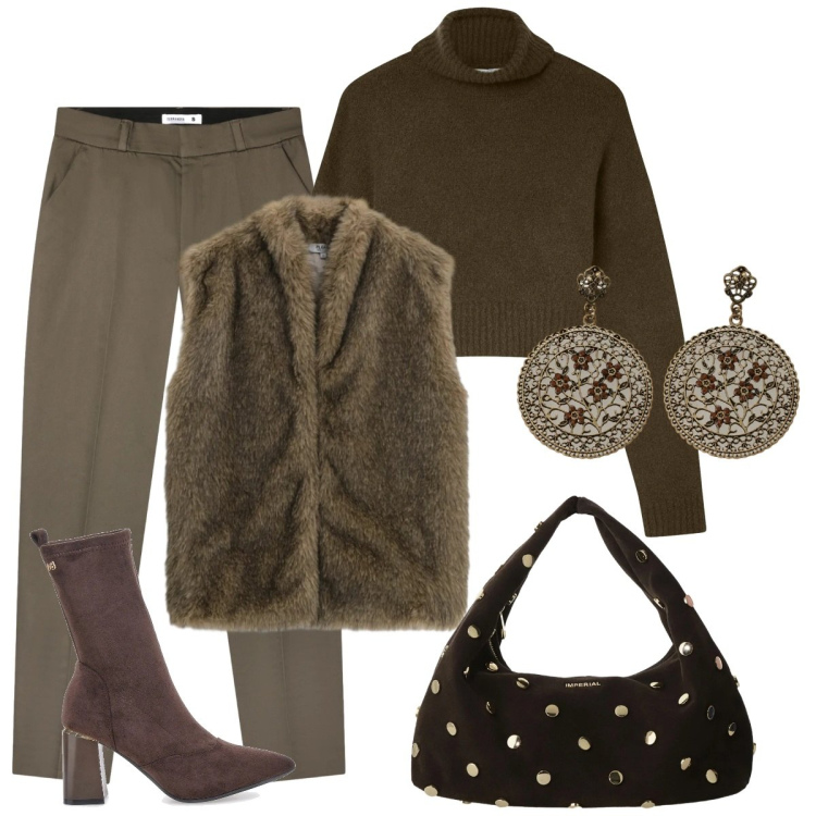 Outfit donna - Il gilet peloso. Stile Basic per Tutti i giorni. Abbinamento con borse a spalla, orecchini, pantaloni chino, maglieria, blazer, stivaletti.