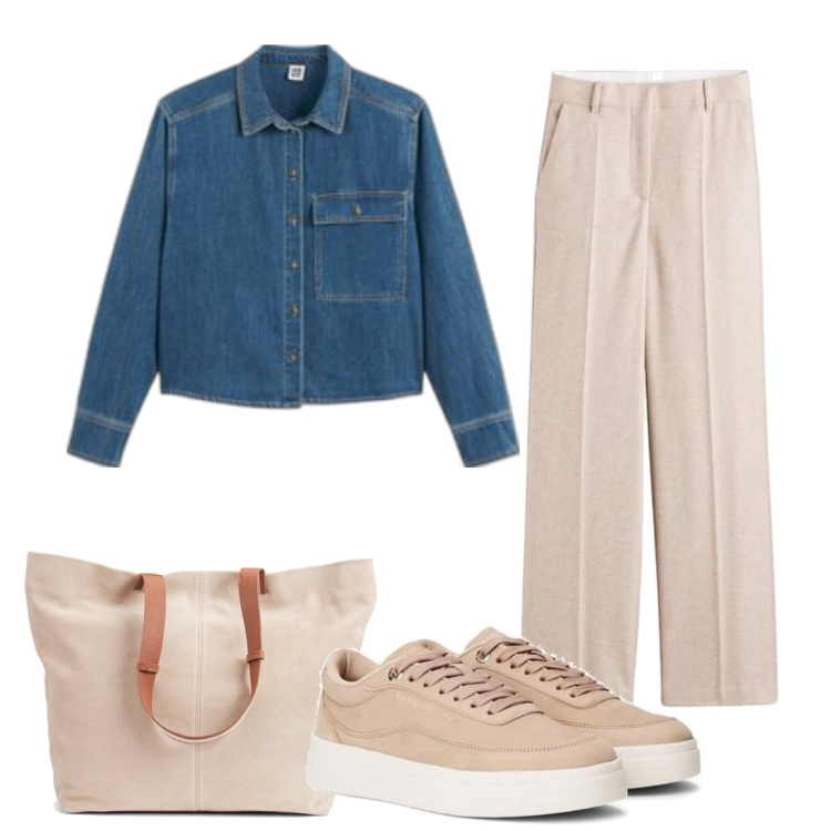 Outfit mujer - Casual #1266. Estilo Casual para Oficina. Combinación con camisas, pantalones palazzo, bolso tote, sneakers.