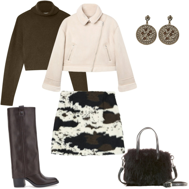 Outfit donna - New. Stile Casual per Serata fuori. Abbinamento con borse a mano, orecchini, maglieria, giacche, minigonne, stivali sopra il ginocchio.