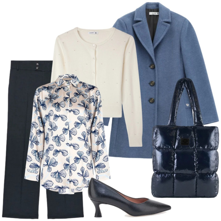 Outfit donna - Pomeriggio libero. Stile Basic per Tutti i giorni. Abbinamento con cardigans, camicie, cappotti, shopping bag, décolleté, pantaloni chino.