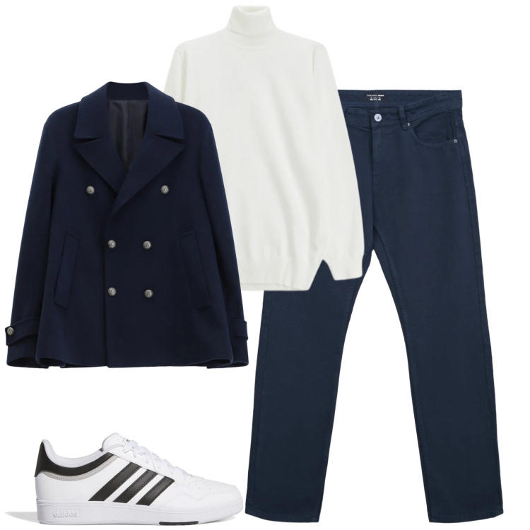 Outfit uomo - City. Stile Casual per Tutti i giorni. Abbinamento con maglieria, cappotti, jeans dritti, sneakers.