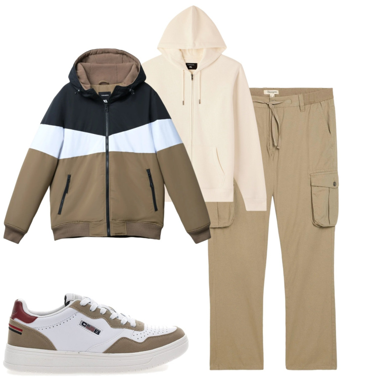 Outfit uomo - Total look #2336397. Stile Casual per Tutti i giorni. Abbinamento con pantaloni cargo, piumini, felpe con cappuccio, sneakers.