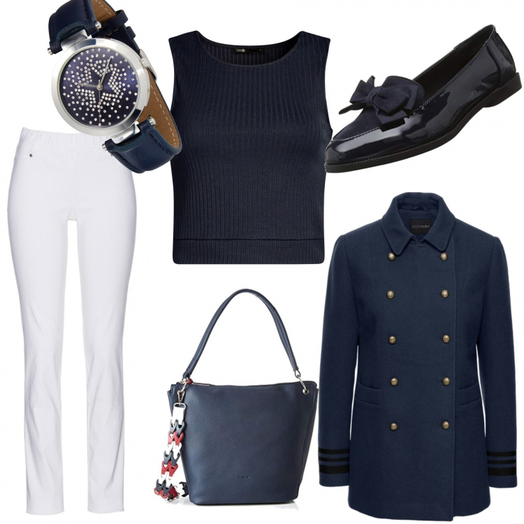 Outfit donna - Bianco e blu. Stile Bon Ton per Ufficio. Abbinamento con pantaloni, giacca con bottoni blu, orologio sport con strass e cinturino in pelle sintetica blu, ballerine blu e navy, top a coste crop aderente blu, borsa a spalla blu.